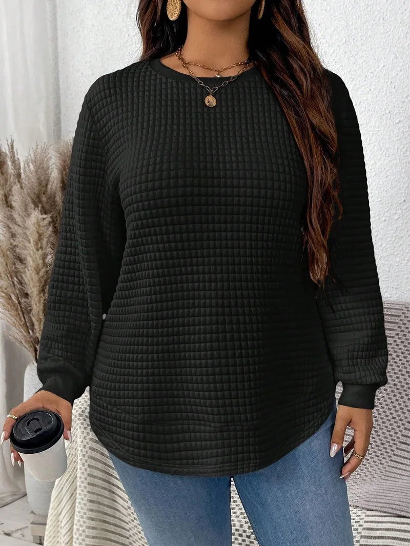 Plus-Size Women's Spring And Winter Fashion Casual Solid Color Checkered Pullover Sweatshirt Suitable For Commuting Travel