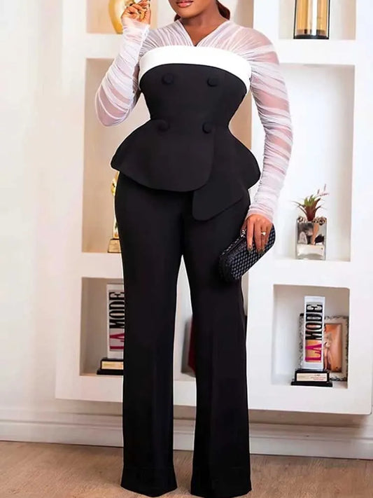 Women Elegant Two Piece Pants Set Female Office Wear White Mesh Sleeves Slim Top and Slacks Pant Sets Sexy Chic Spring Outfits