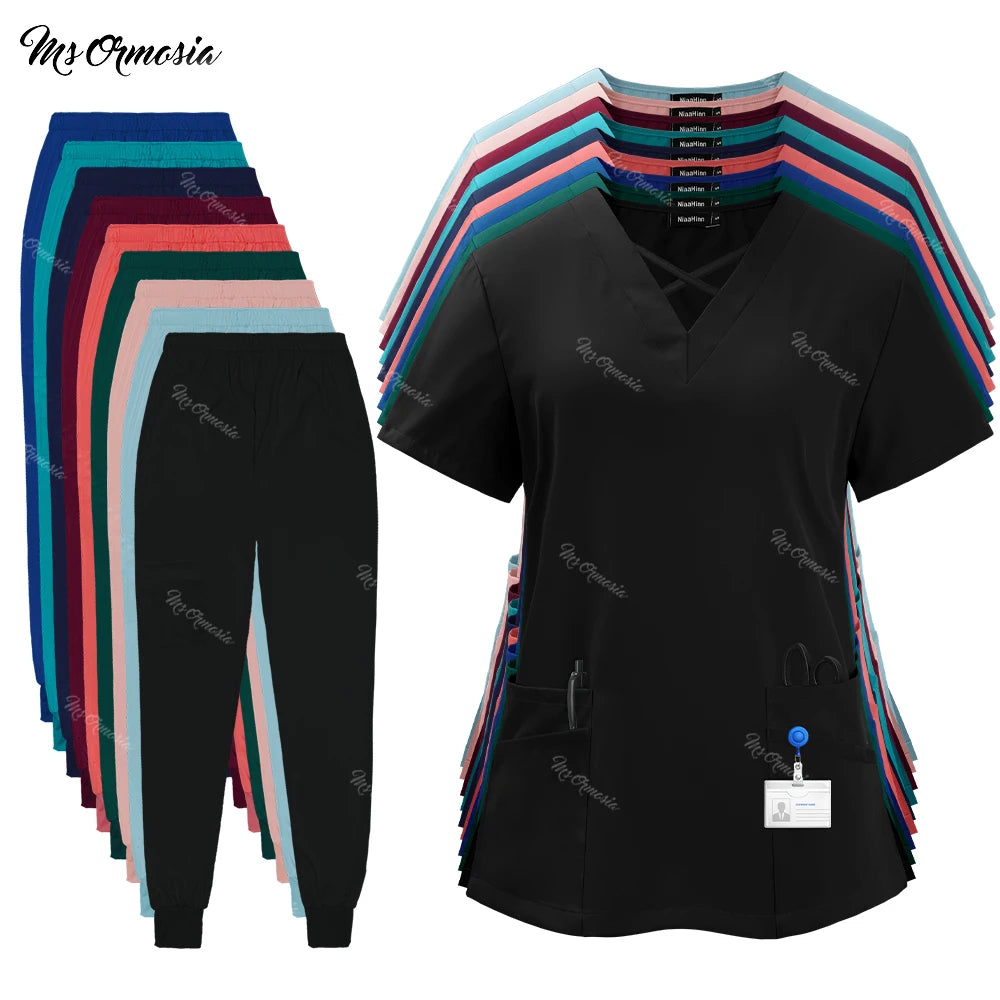 Beauty Tops+pants Medical Uniform Surgery Scrubs Set Short Sleeve Pet Shop Doctor Nurse Nursing Uniform Women Workwear Scrub Set