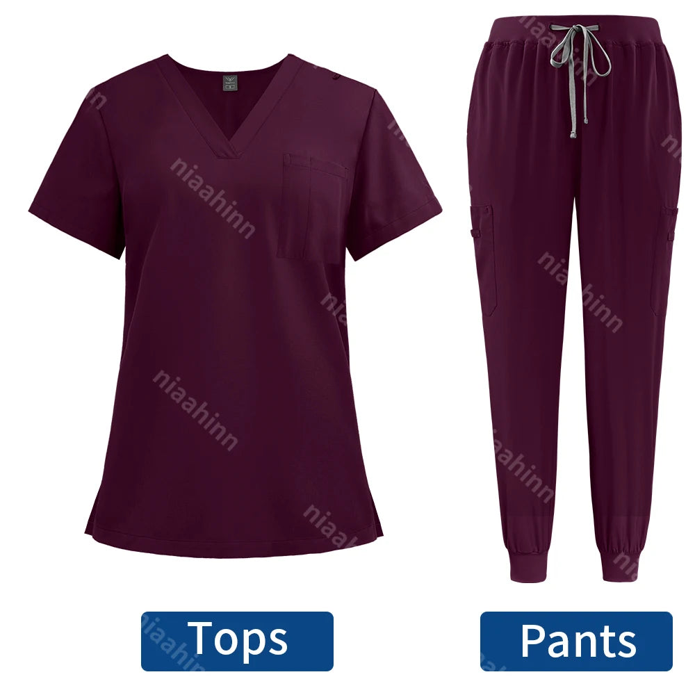 Niaahinn Surgical Uniforms Women Scrub Set Medical Nursing Workwear Dental Clinic Doctor Scrubs Tops+Pants Spa Work Unifrom Suit