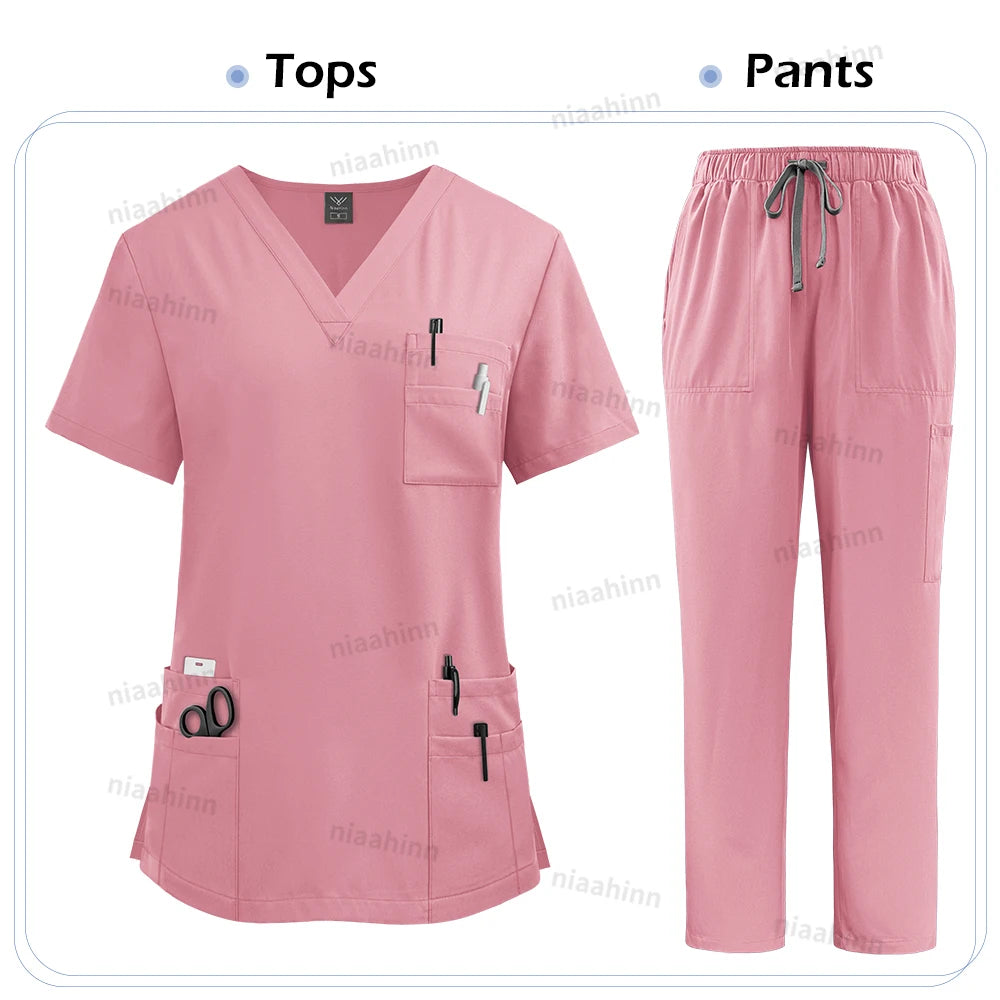 Elastic Scrub Set Operating Room Surgical Uniform Dental Veterinary Work Uniforms V-neck Short Sleeved Tops Pants Suit Wholesale