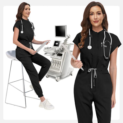 Niaahinn Zipper Neck Lab Jumpsuit Pet Grooming Nurse Uniform Onesie Short Sleeved Scrubs Workwear Health Service Nursing Clothes