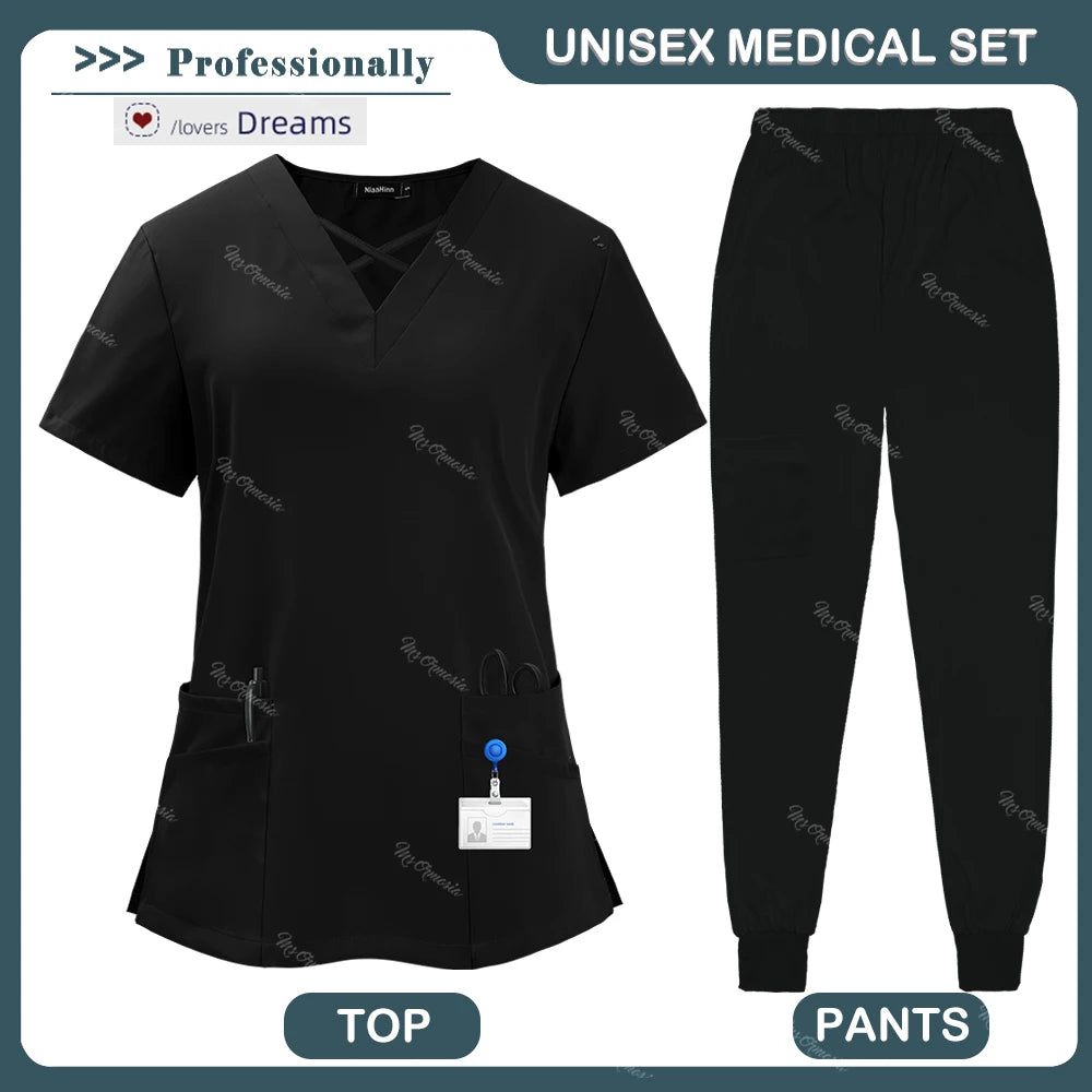 Beauty Tops+pants Medical Uniform Surgery Scrubs Set Short Sleeve Pet Shop Doctor Nurse Nursing Uniform Women Workwear Scrub Set