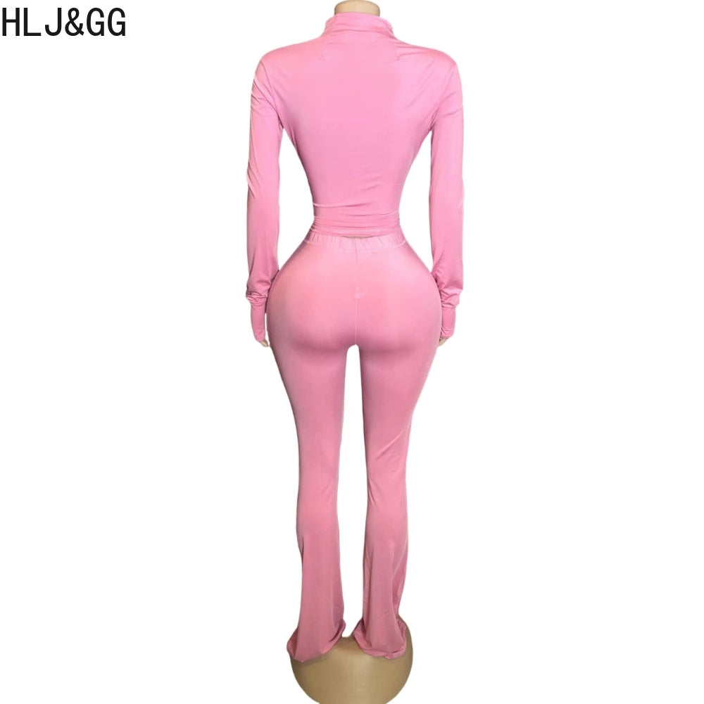 HLJ&GG Casual Solid Sporty Two Piece Sets Women Zipper Long Sleeve Slim Top And Skinny Pants Outfits Spring New 2pcs Tracksuits