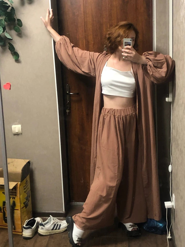 Women 3 Piece Sets Homewear Fashion Casual Lantern Sleeve Cardigan Tops+Wide Leg Pants Suits Lady Spring Soft Three Piece Outfit