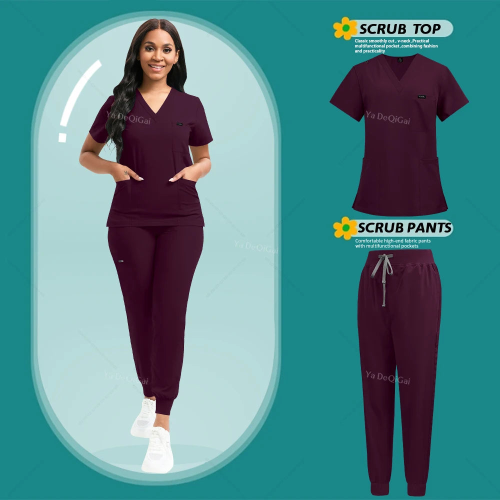 Brown Scrubs Set Wholesale Operating Room Uniforms Medical Scrubs Set Hospital Workwear Dental Beautician Top Pants Surgery Suit
