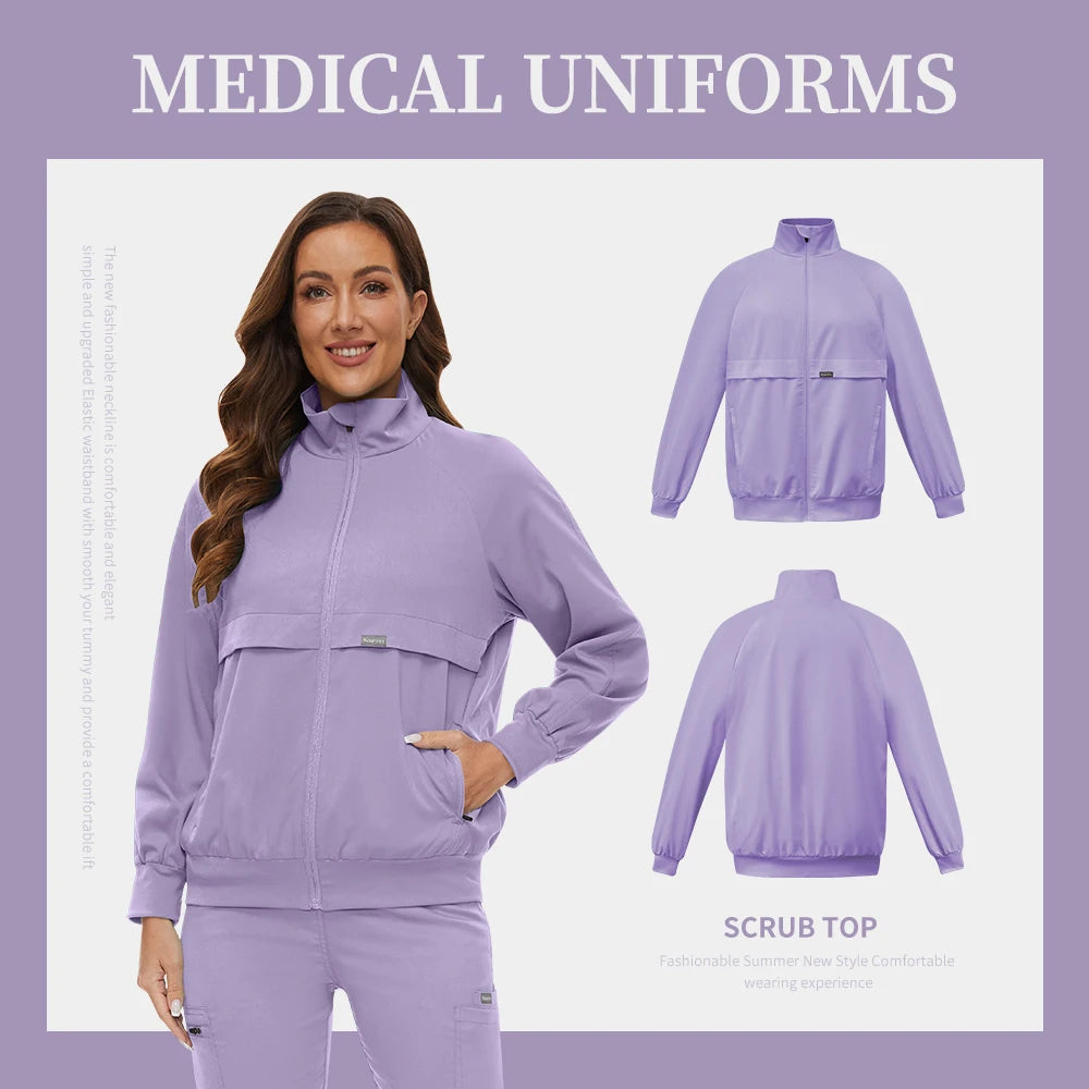 Scrub Jackets Warm Up Medical Scrub Jackets for Women Zip Front Long Sleeved Jacket Doctor Nursing Scrub Outerwear Workwear Tops