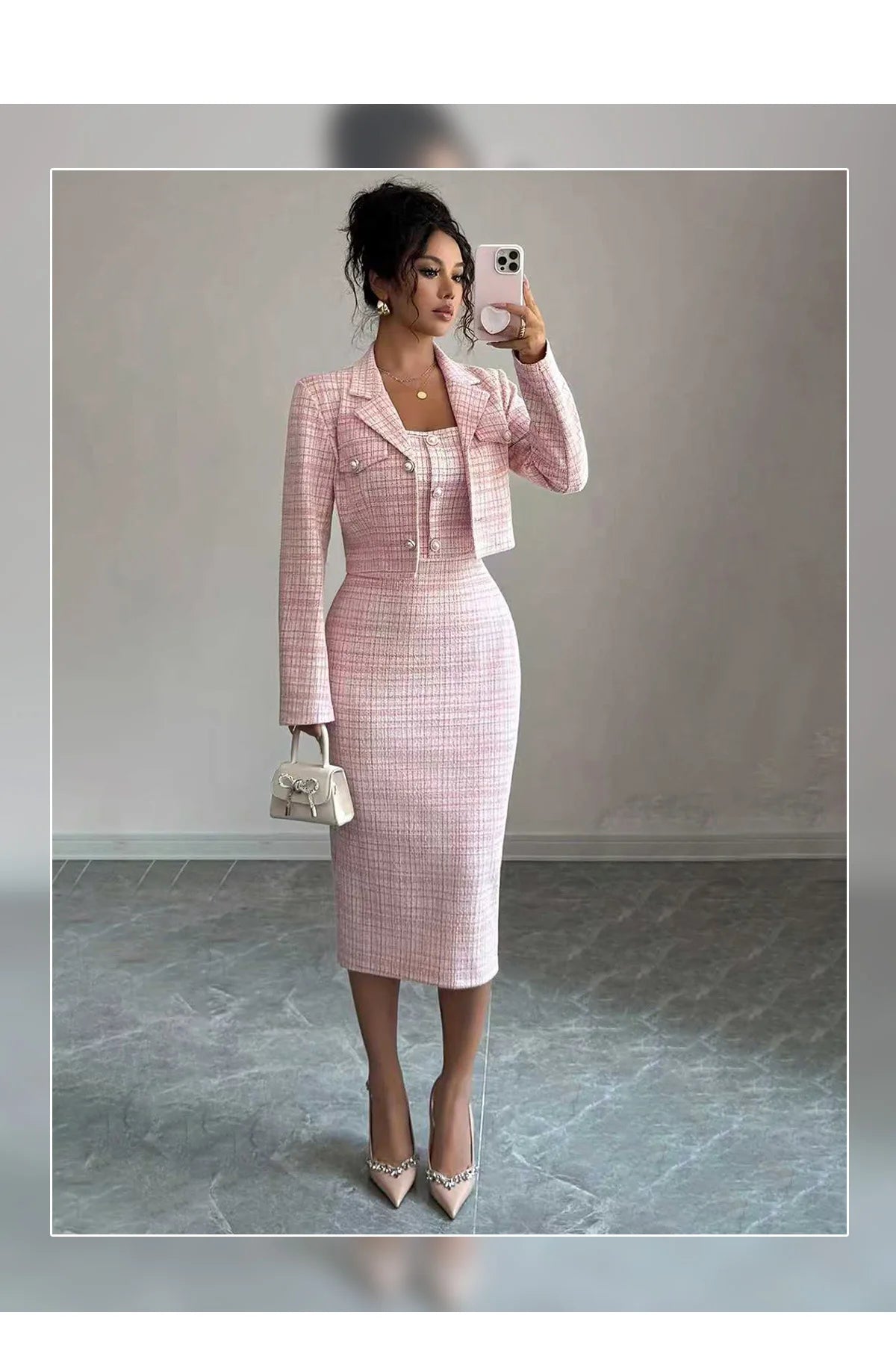 Dress Suits Women Coat Sheath Dresses 2 Piece Sets Suit Jacket Sundress Plaid Print Outfits Vestidos Office Lady Spring 2026