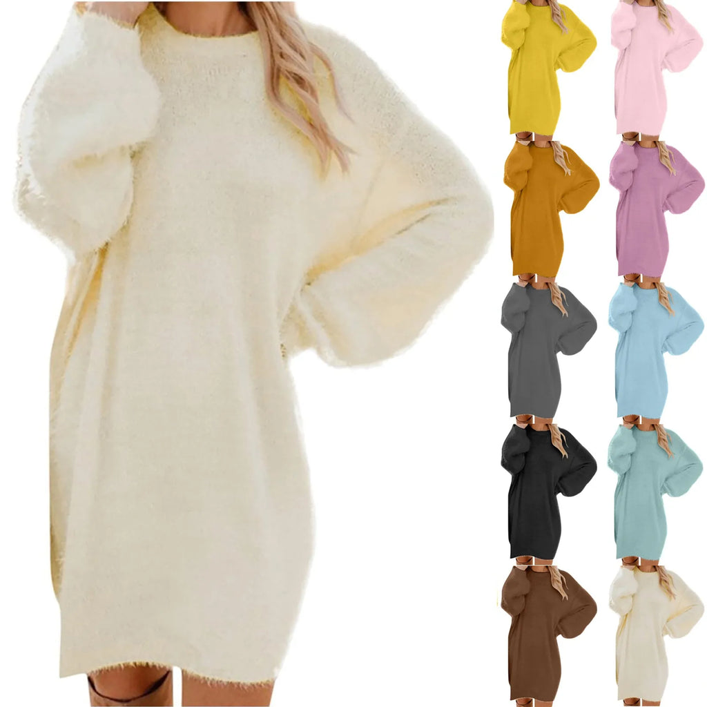 Women Winter Sweater Knit Crewneck Warm Long Sleeve O-Neck Casual Sweatshirts Dress Solid Color Oversized Basic Ladies Cloth