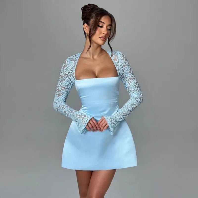 Townlike Lace Patchwork Waist Wrap A-line Dress Women Mini 2024 Autumn Winter Dress Backless Nightclub Sexy Party Dresses