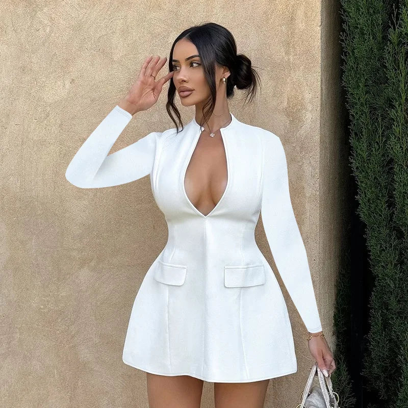 NIDANSSI White Deep V Pockets Evening Party Dress Women 2024 Robes Elegant Sexy Dress Bodycon Zipper Mini Autumn Dress Vestidos