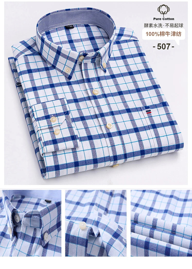 New S-7XLCotton Oxford Shirt For Mens Long Sleeve Plaid Striped Casual Shirts Male Pocket Regular-Fit Button-Down Work Man Shirt