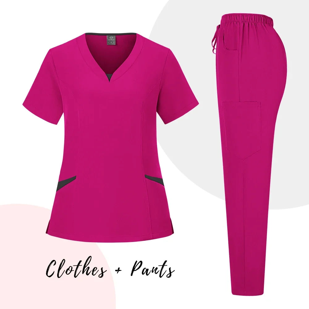 New Scrubs Uniform Suit Short Sleeve V-neck Tops+ Pants Set Nursing Uniform Women Multicolor Pet Doctor Scrub Medical Workwear