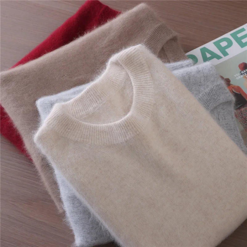 Autumn Winter Sweater Pullover Women's Clothing 100% Mink Cashmere Sweater Pullover O-Neck Basic Long Sleeve Warm Fleece Knitted