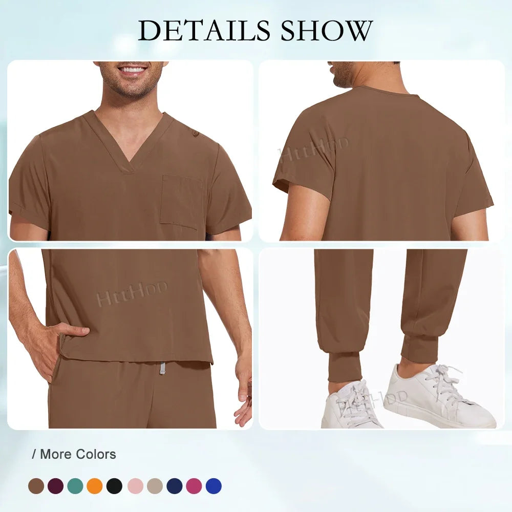Scrubs Set Men Medical Uniforms Stretch Scrub Tops with Pocket Pants Nurse Uniform Doctor Surgery Overalls Beauty Salon Workwear