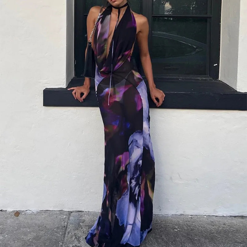 Fashion Sexy Sleeveless V Neck High Waist Halter Party Cocktail Maxi Dress Women Elegant Print Corset Evening Dress