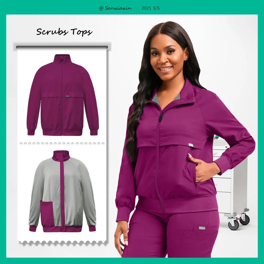 Long Sleeved Medical Scrub Jacket Pharmacy Uniform Women Solid Nurse Hospital Scrub Coat Surgical Uniforms Beauty Salon Workwear