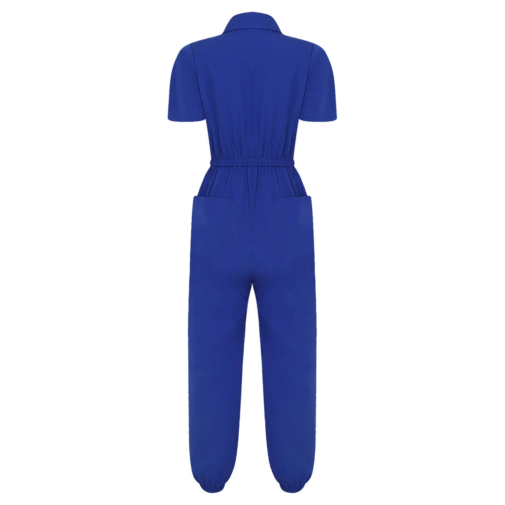 Women Scrub Jumpsuit Nurse Doctor Medical Esthetician Workwear Short Sleeve Multi-pockets Elastic Waist Jogger Pants Rompers