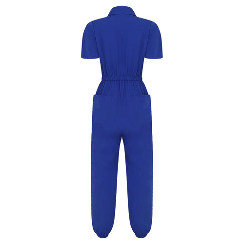 Women Scrub Jumpsuit Nurse Doctor Medical Esthetician Workwear Short Sleeve Multi-pockets Elastic Waist Jogger Pants Rompers