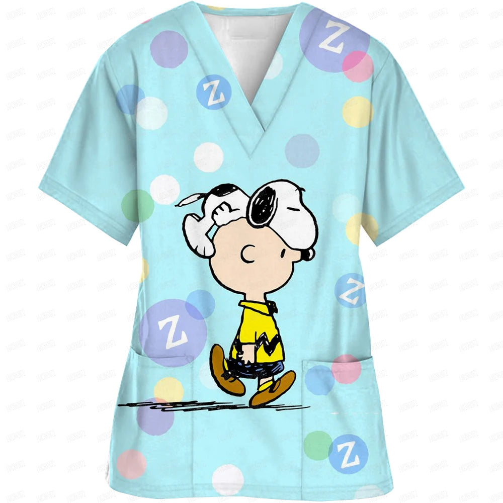 Snoopy print Working Nurse Uniform Women Short Sleeve Pocket Blouse Scrubs Tops Nursing Medical Accessories oversized tshirt