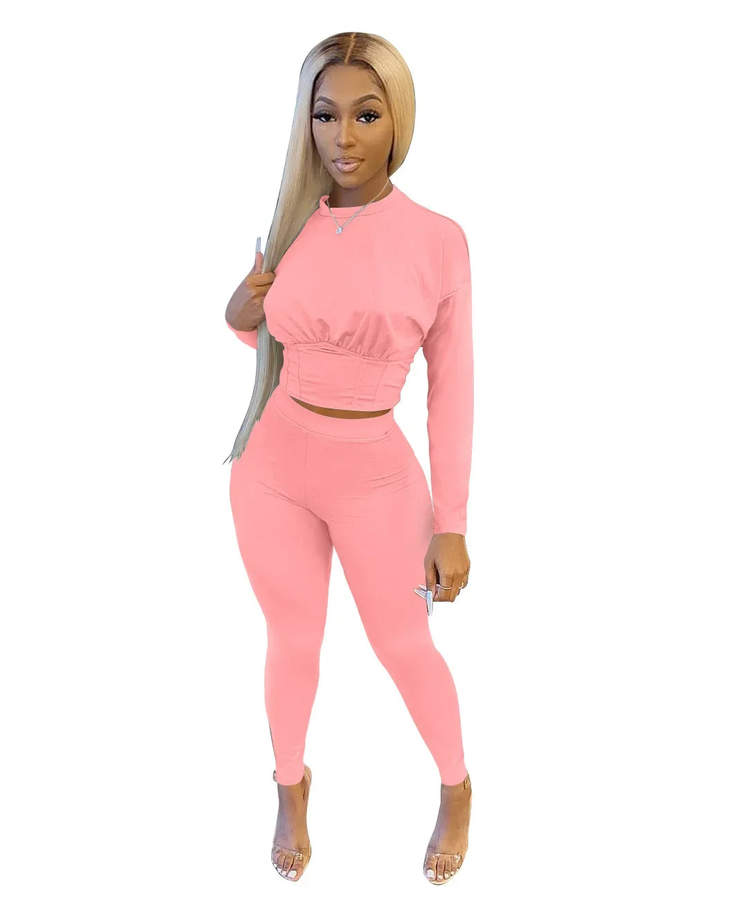 New Autumn Women's Pure Color Sports Waist Suit Fashion Casual Two-piece Set