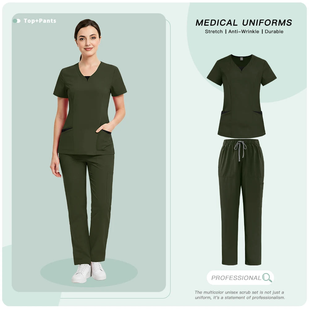 Medical Uniforms for V-neck Hospital Nurse Scrubs Set Women Doctor Workwear Oral Dental Surgery Work Top+Pants New Beauty Suit