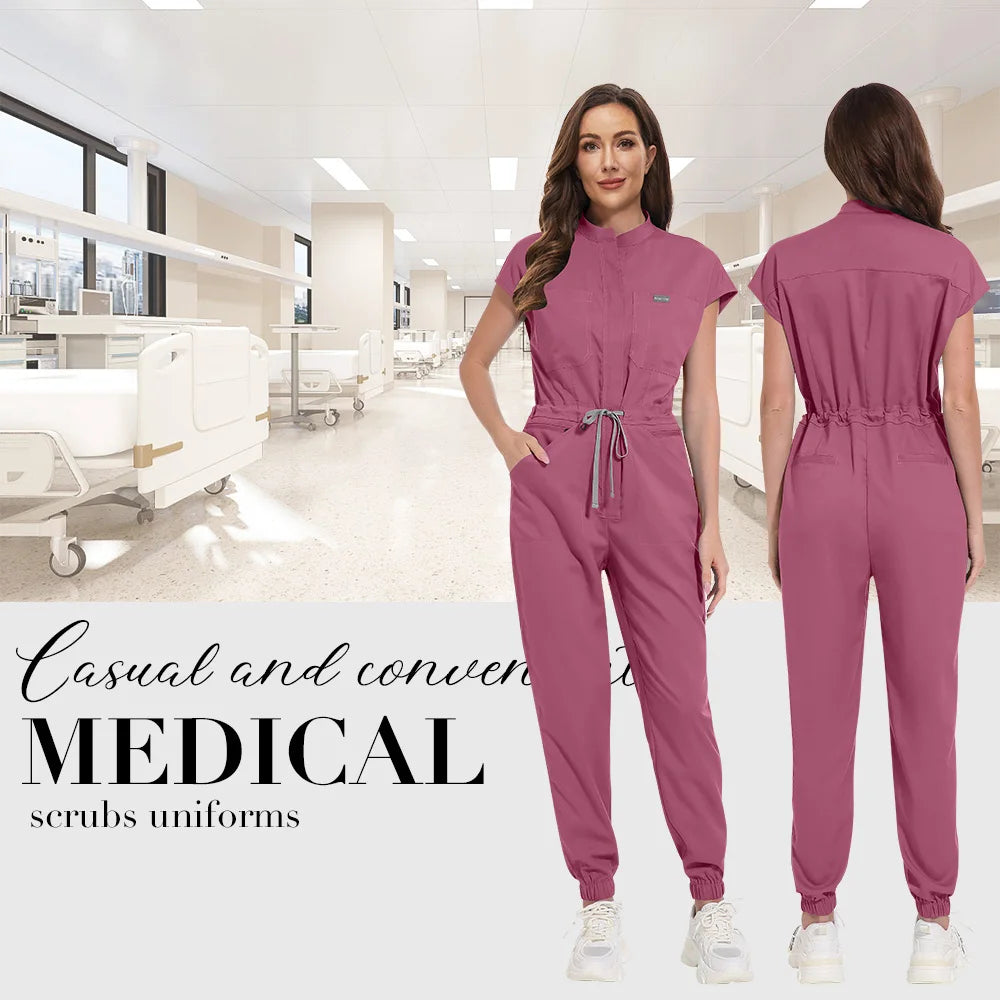 Niaahinn Zipper Neck Lab Jumpsuit Pet Grooming Nurse Uniform Onesie Short Sleeved Scrubs Workwear Health Service Nursing Clothes