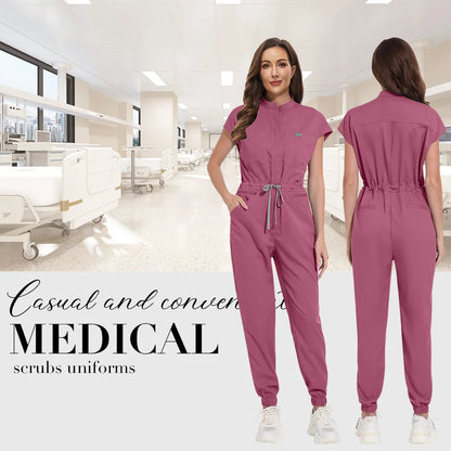 Niaahinn Zipper Neck Lab Jumpsuit Pet Grooming Nurse Uniform Onesie Short Sleeved Scrubs Workwear Health Service Nursing Clothes
