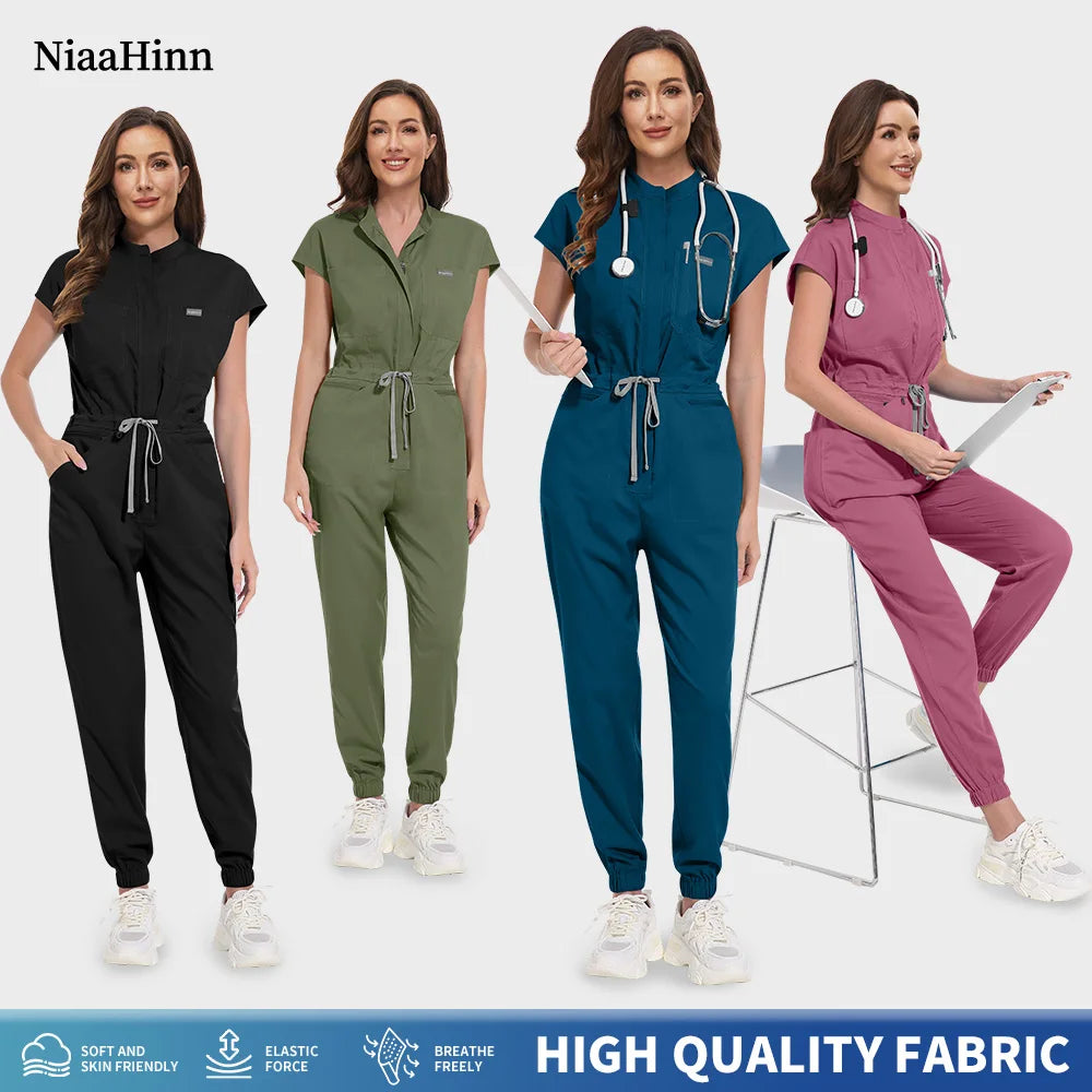 Niaahinn Zipper Neck Lab Jumpsuit Pet Grooming Nurse Uniform Onesie Short Sleeved Scrubs Workwear Health Service Nursing Clothes