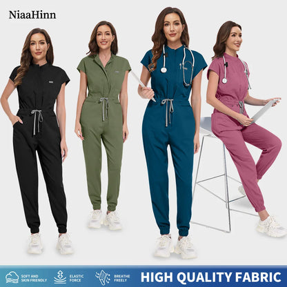 Niaahinn Zipper Neck Lab Jumpsuit Pet Grooming Nurse Uniform Onesie Short Sleeved Scrubs Workwear Health Service Nursing Clothes