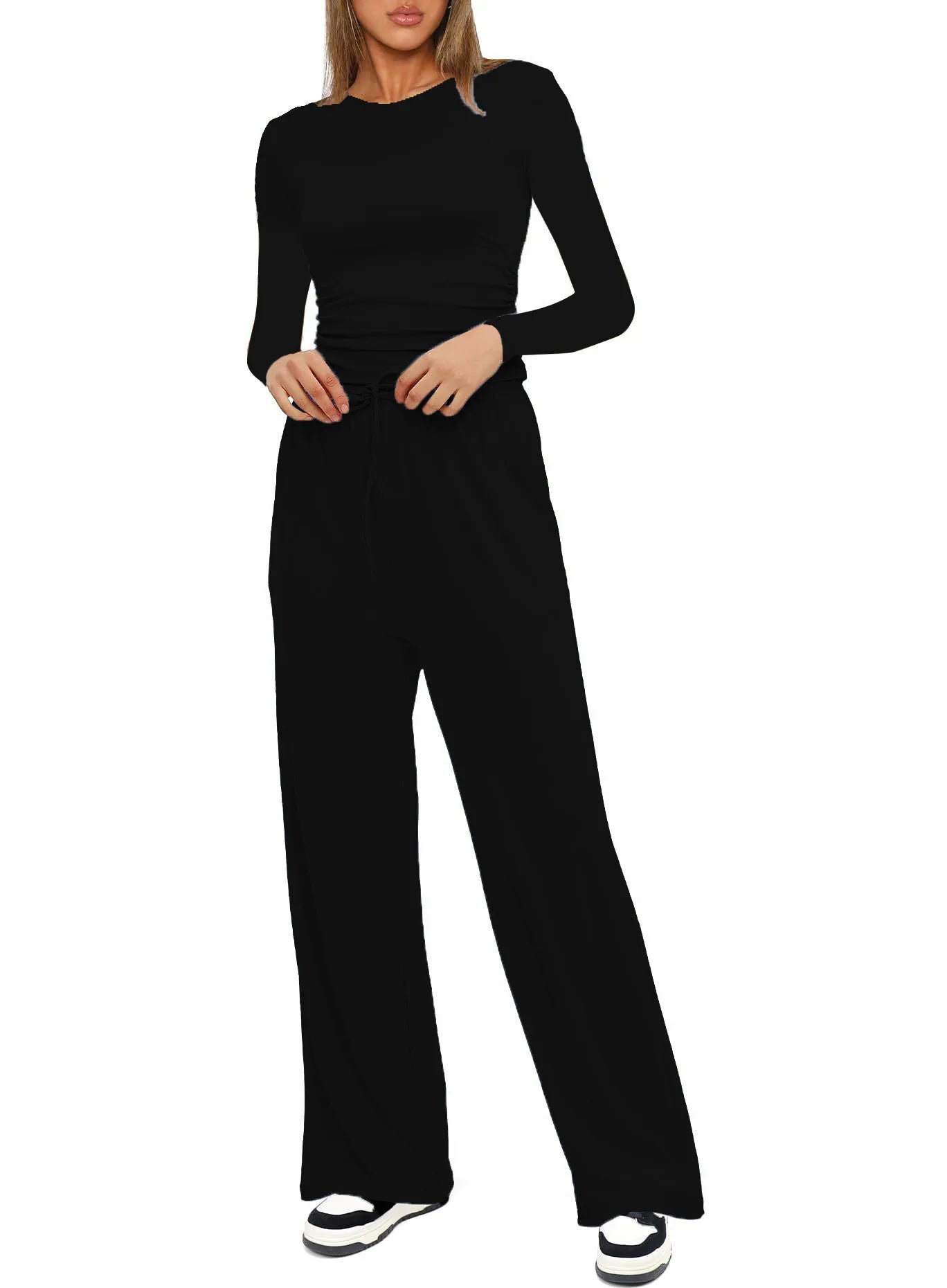 Autumn Winter Trend Fashion Women's Two Pieces Set Solid Casual O Neck Long Sleeve T-shirts & High Waist Wide Leg Pants Sets