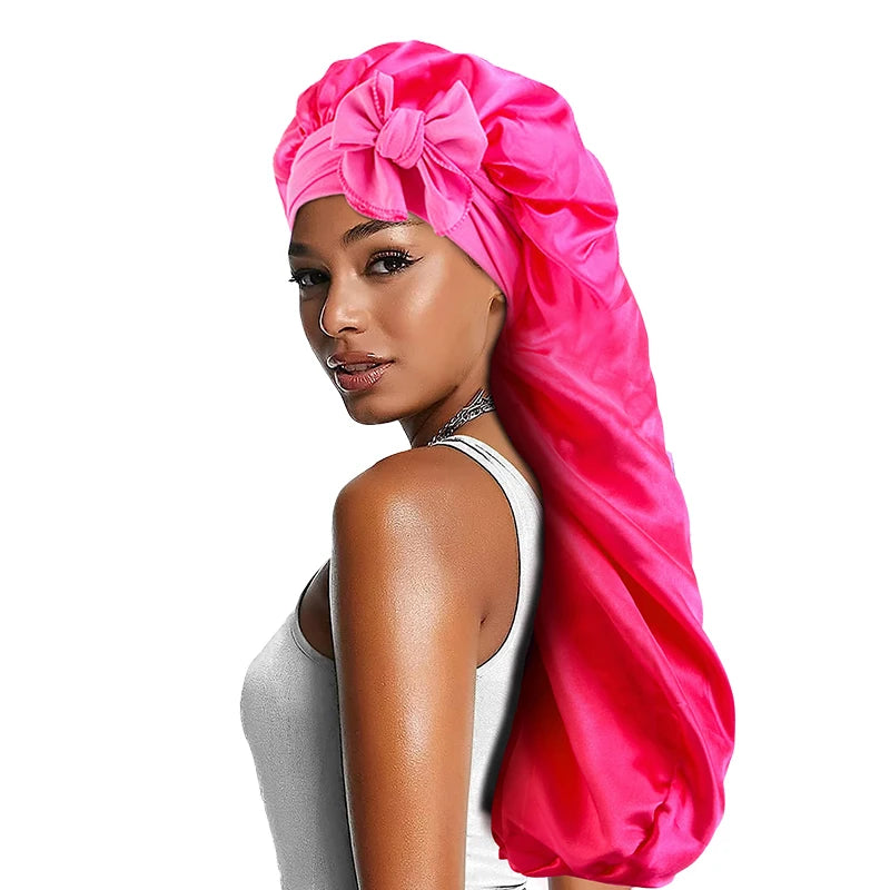 Women long Oversized Elastic Satin Bonnet Sleeping Cap With Ribbon Breathable Sleeping Cap Turban Sleep Headwear Bandanas