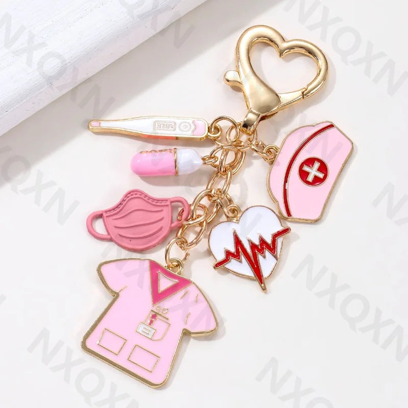 Cartoon Heart Nurse Hat Uniform Thermometer Enamel Keychain Capsule Doctor Key Ring For Women Men Gift Handmade Jewelry Set