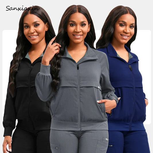 Long Sleeved Medical Scrub Jacket Pharmacy Uniform Women Solid Nurse Hospital Scrub Coat Surgical Uniforms Beauty Salon Workwear