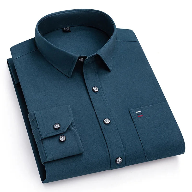 S-7XL New 100% Pure Cotton Men's Shirts Long Sleeves Solid Color Soft Regular Fit Casual Shirt Pocket Social Blouse Male Clothes