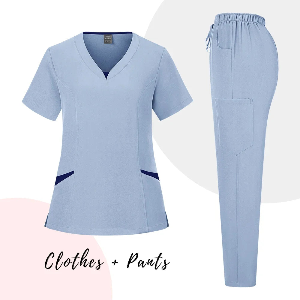 New Scrubs Uniform Suit Short Sleeve V-neck Tops+ Pants Set Nursing Uniform Women Multicolor Pet Doctor Scrub Medical Workwear