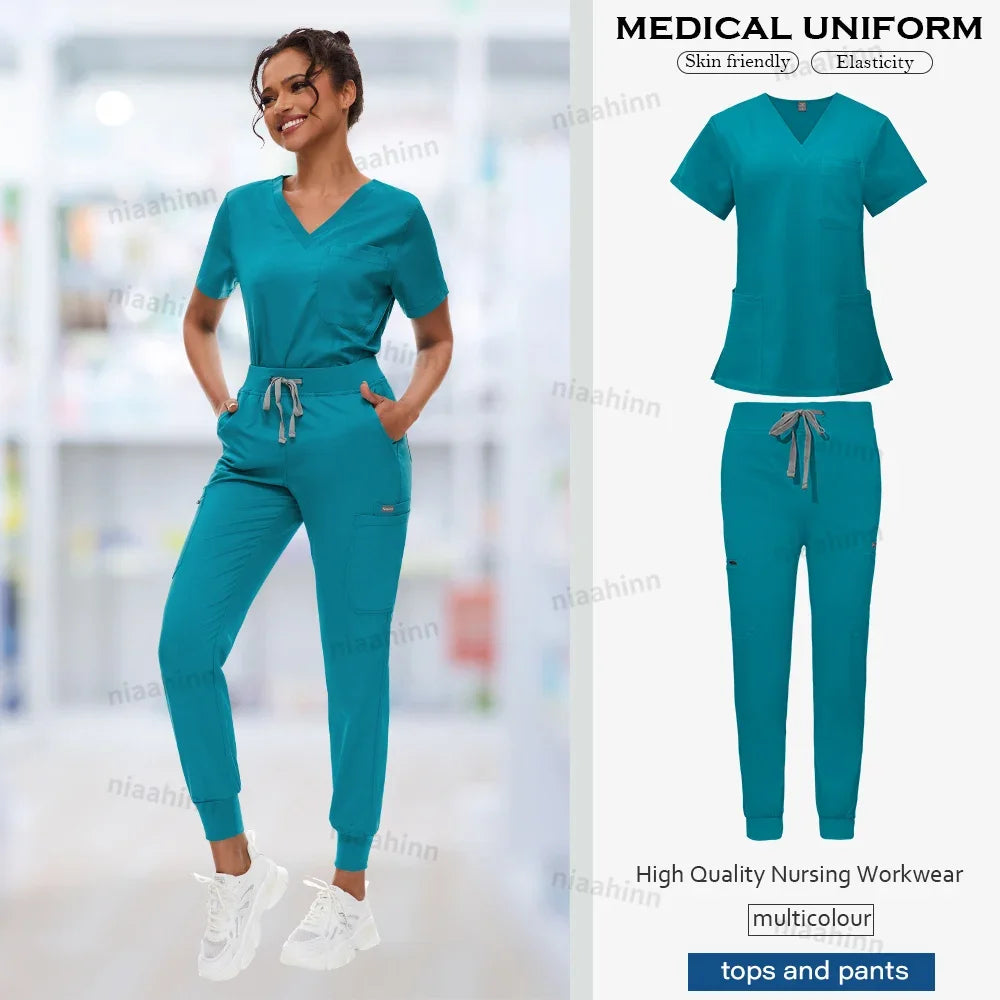 Doctor Nursing Uniforms Multicolour Jogger Suit V-neck Tops Pocket Pants Nurse Scrubs Set New Medical Clinical Clothes Women Men