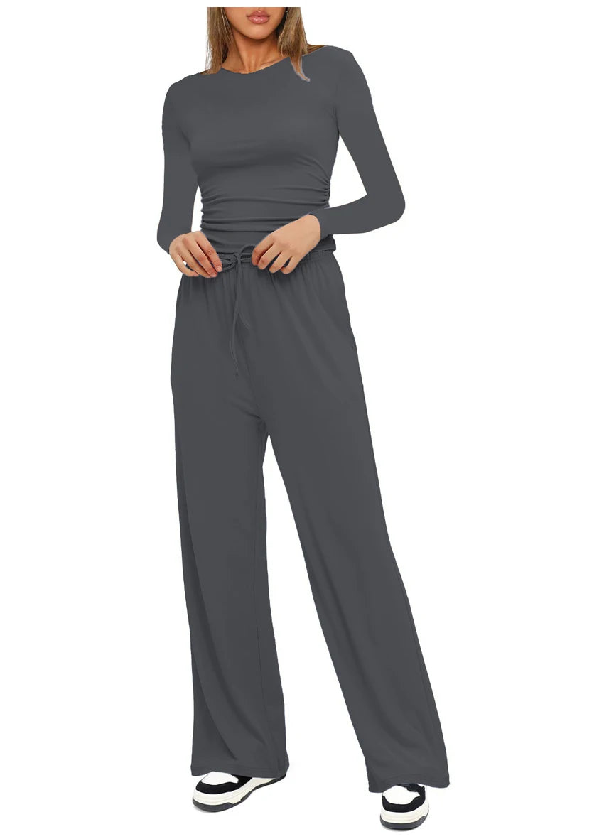 Autumn Winter Trend Fashion Women's Two Pieces Set Solid Casual O Neck Long Sleeve T-shirts & High Waist Wide Leg Pants Sets