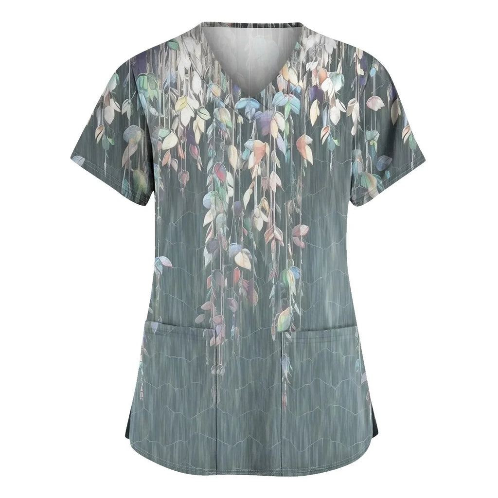 Women Nurse Uniform Medical Scrubs Flower 3d Print V-Neck Pocket Medical Uniforms Cartoon Nursing Scrubs Short Sleeve Pocket Loo
