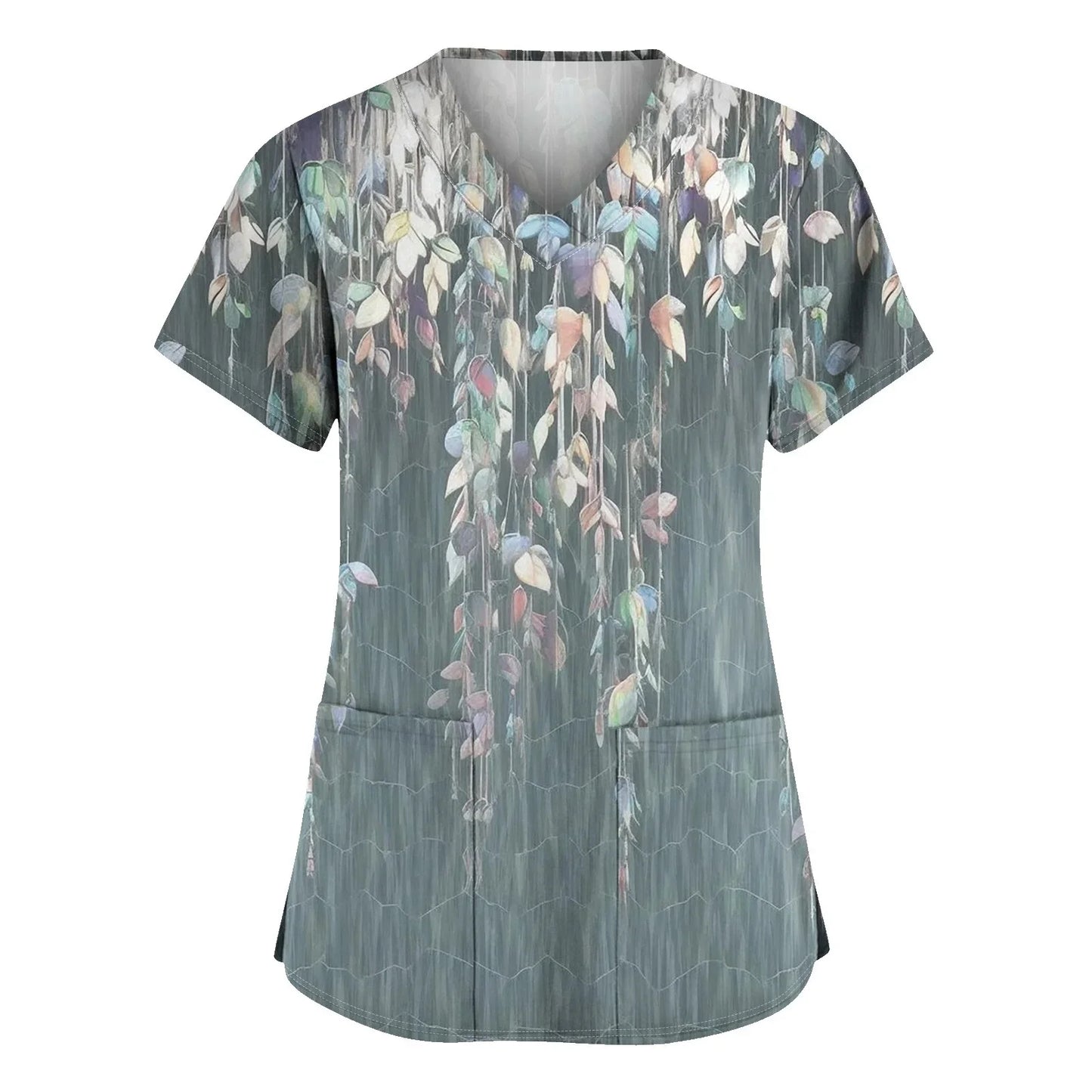 Women Nurse Uniform Medical Scrubs Flower 3d Print V-Neck Pocket Medical Uniforms Cartoon Nursing Scrubs Short Sleeve Pocket Loo