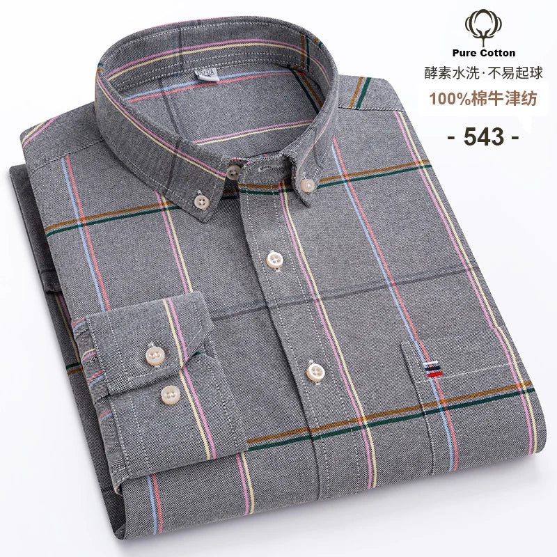 New S-7XLCotton Oxford Shirt For Mens Long Sleeve Plaid Striped Casual Shirts Male Pocket Regular-Fit Button-Down Work Man Shirt