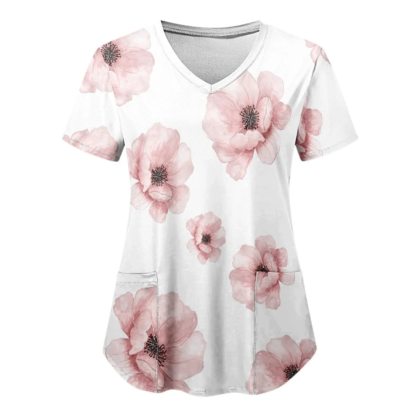 Women Nurse Uniform Medical Scrubs Flower 3d Print V-Neck Pocket Medical Uniforms Cartoon Nursing Scrubs Short Sleeve Pocket Loo