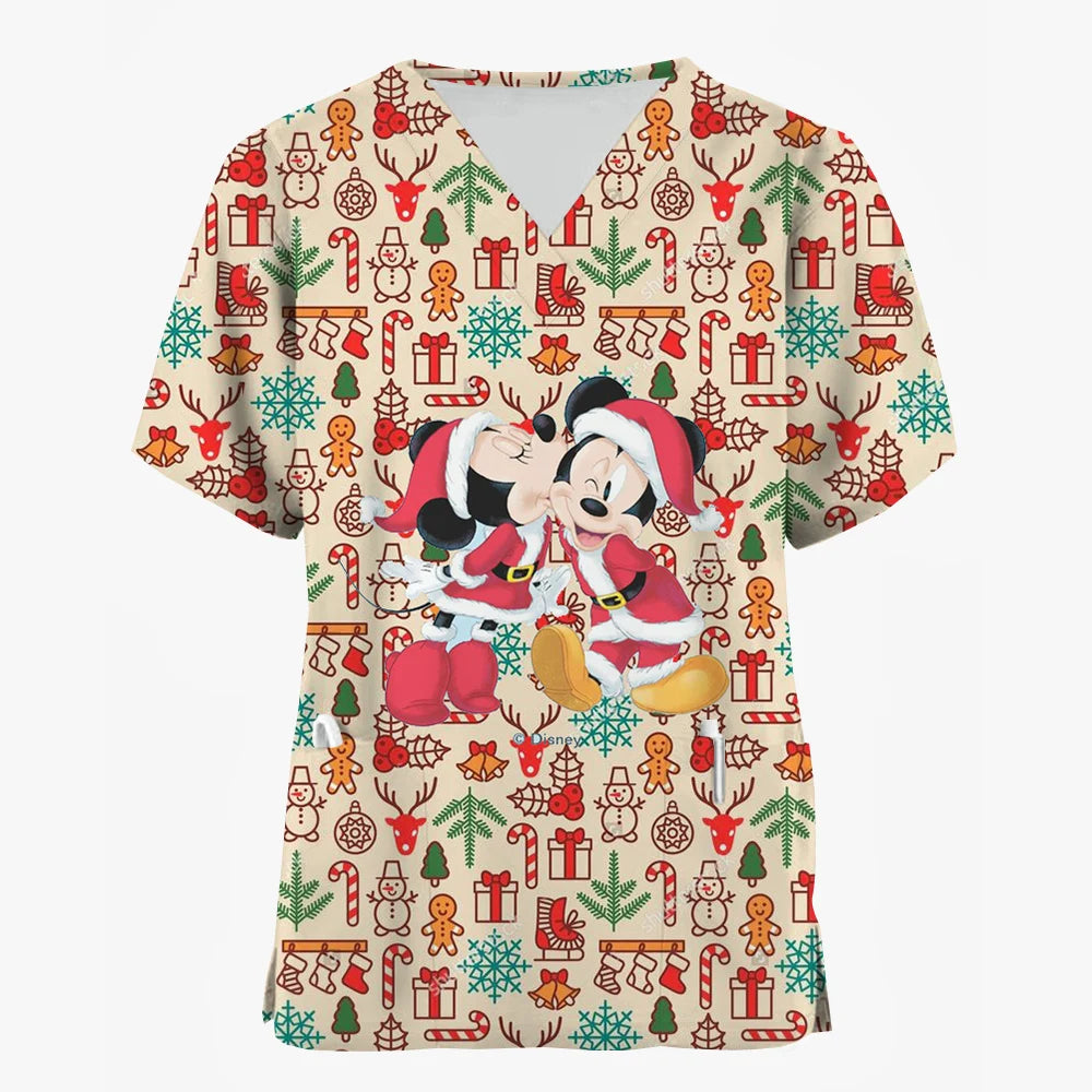 2024 Disney Uniform Women's Cartoon Stitch Print Nurse Work Shirt Pocket Gown Christmas Healthcare Nurse Scrubs
