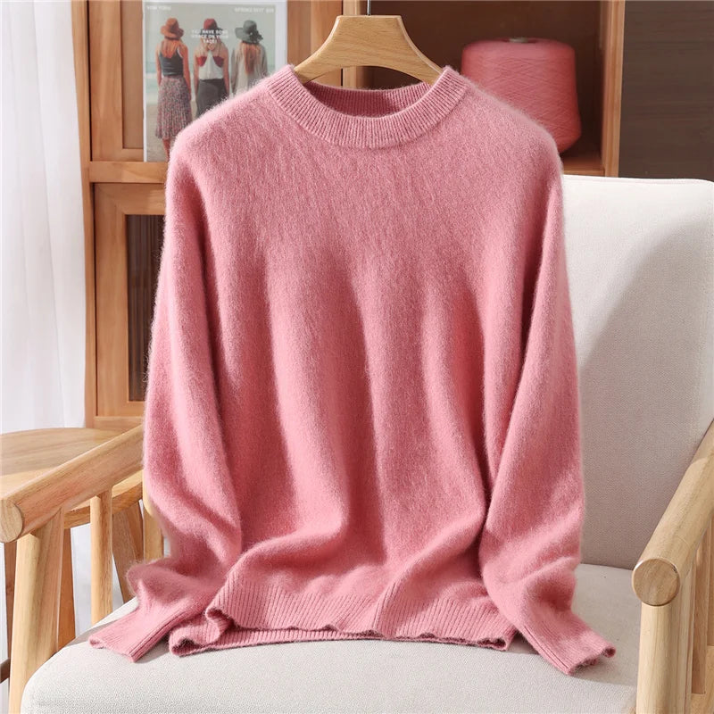 Autumn Winter Sweater Pullover Women's Clothing 100% Mink Cashmere Sweater Pullover O-Neck Basic Long Sleeve Warm Fleece Knitted