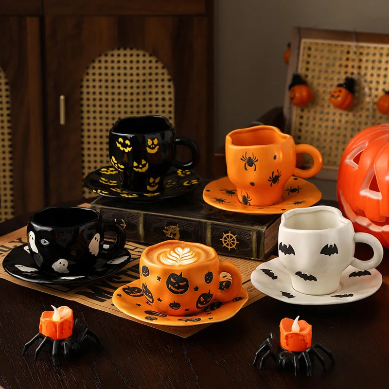 Creative Halloween-themed ceramic cups and saucers Irregular personalized coffee cups Coffee saucers Pumpkin bat pattern cups