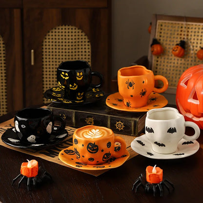Creative Halloween-themed ceramic cups and saucers Irregular personalized coffee cups Coffee saucers Pumpkin bat pattern cups