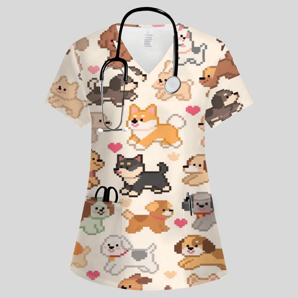 Clinical Uniform Woman Fashion V-Neck Vibrant Pockets T-Shirt Cute Cartoon Print Tops Summer Comfortable Vet Nurse Uniform Woman