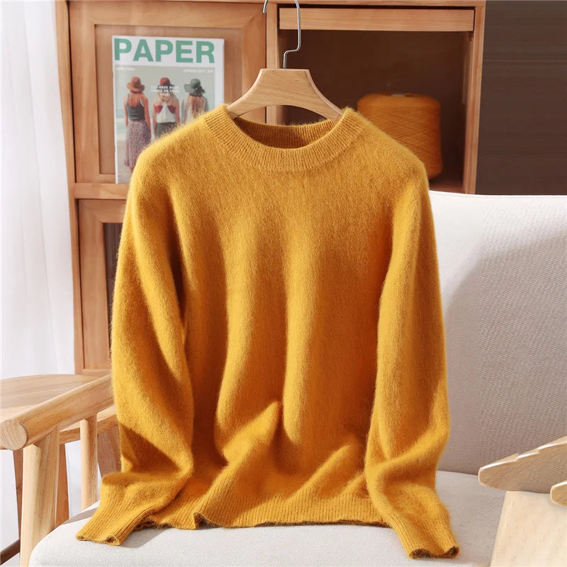 Autumn Winter Sweater Pullover Women's Clothing 100% Mink Cashmere Sweater Pullover O-Neck Basic Long Sleeve Warm Fleece Knitted