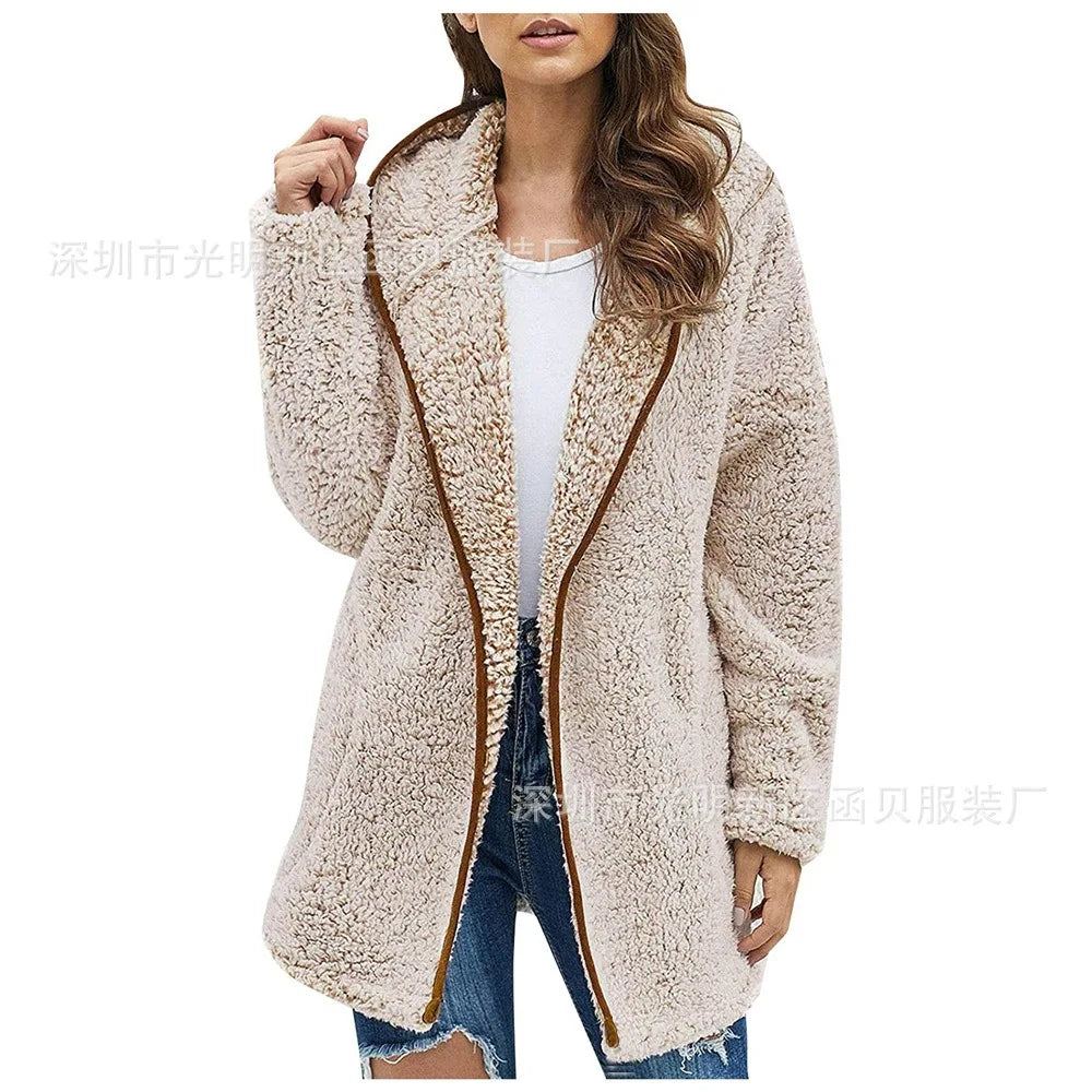 Autumn and Winter New Casual Solid Colour Lapel Hooded Long-sleeved Plush Sweater Fleece Jacket