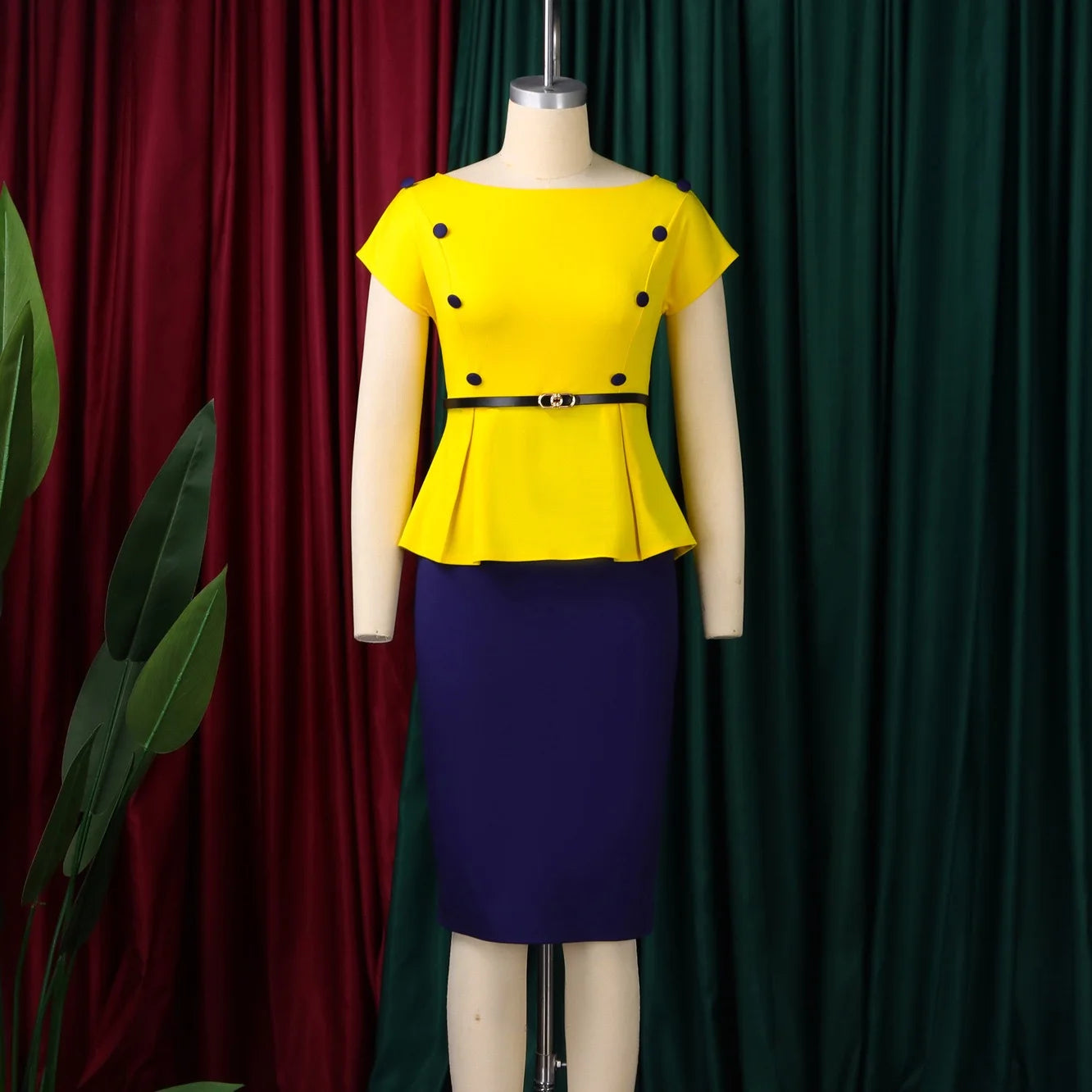 Elegant Office Dresses for Women O Neck Short Sleeve Belt Waisted Package Hips Mid Calf Professional Business Work Dress Midi OL